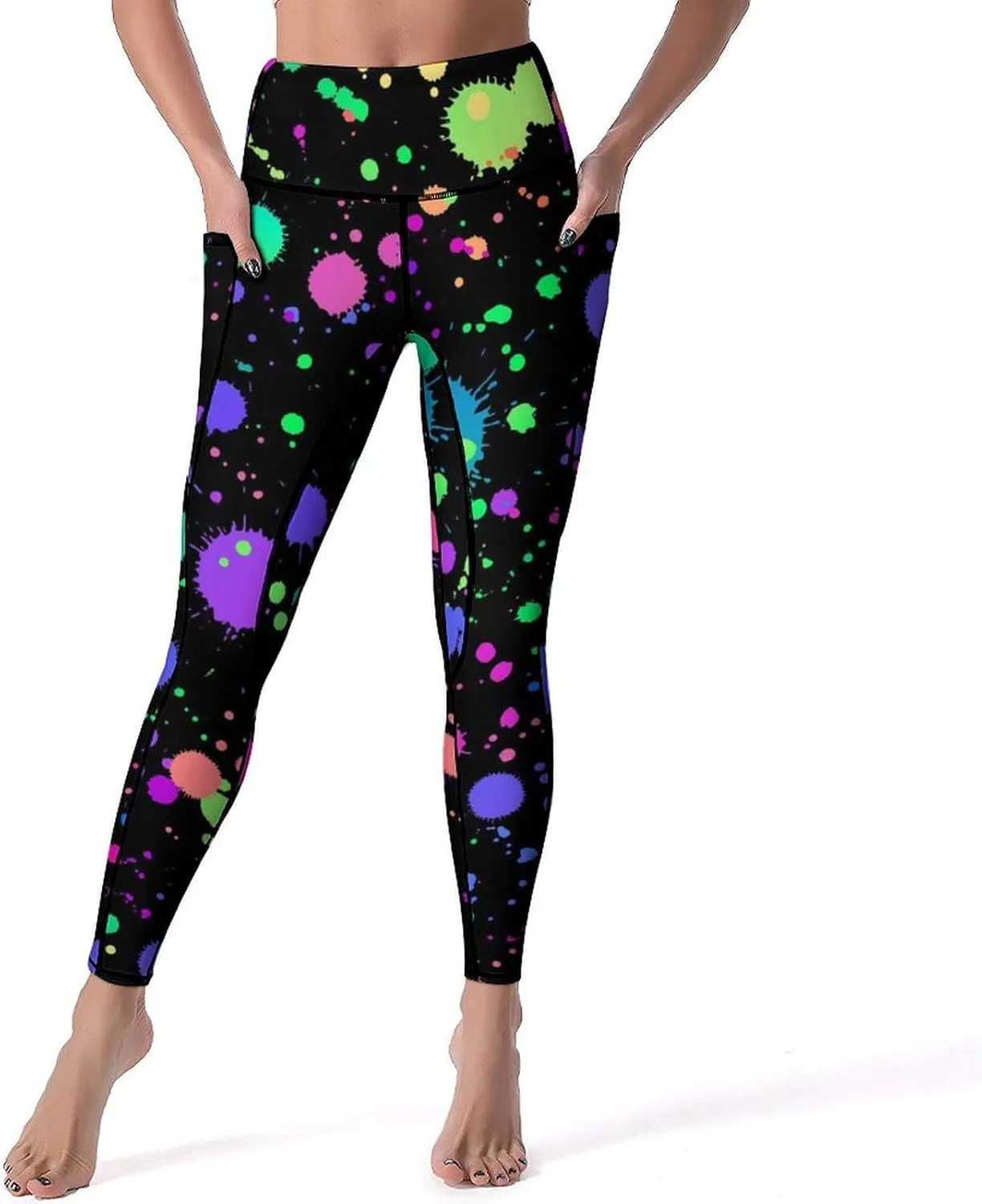 Glow in Dark Splatter Neon Yoga Pants with Pockets High Waist Gym Pants Long Workout Leggings for Women