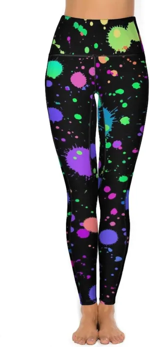 Glow in Dark Splatter Neon Yoga Pants with Pockets High Waist Gym Pants Long Workout Leggings for Women