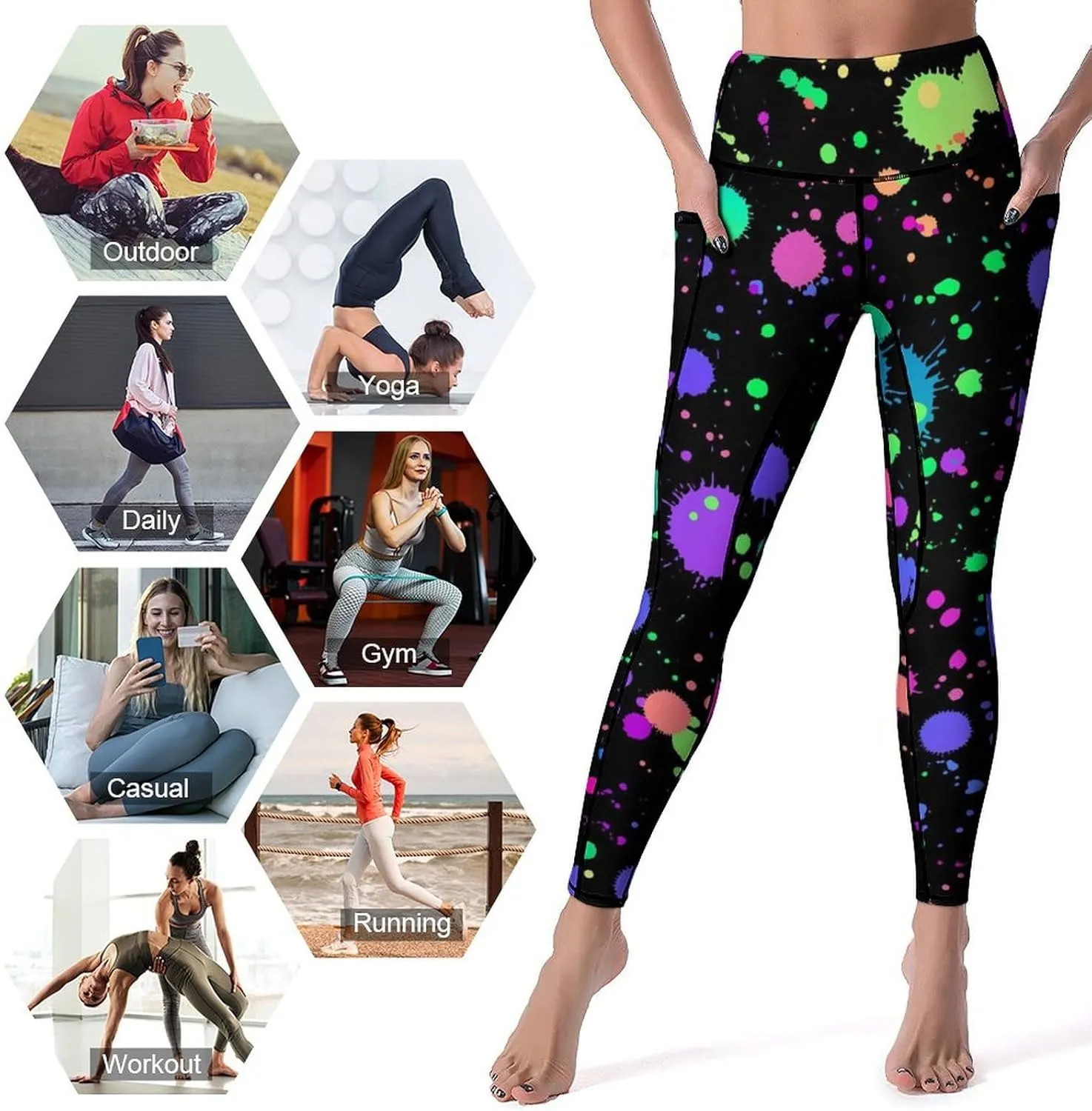 Glow in Dark Splatter Neon Yoga Pants with Pockets High Waist Gym Pants Long Workout Leggings for Women
