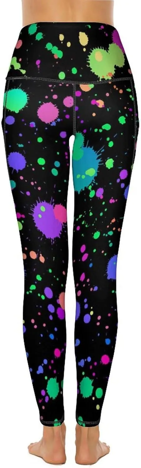 Glow in Dark Splatter Neon Yoga Pants with Pockets High Waist Gym Pants Long Workout Leggings for Women