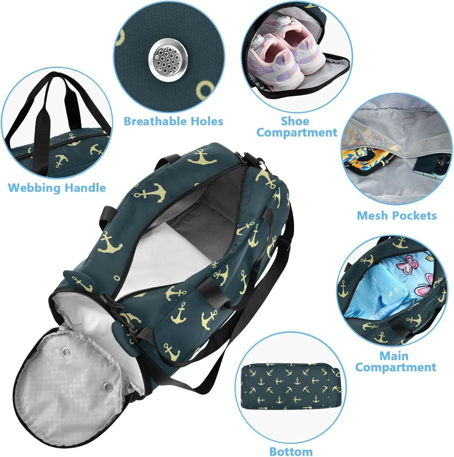 Gold Ocean Navy Blue Duffel Bag with Shoes Compartment Multifunctional Carry On Overnight Bag for Beach Swim Bags Pool Sports