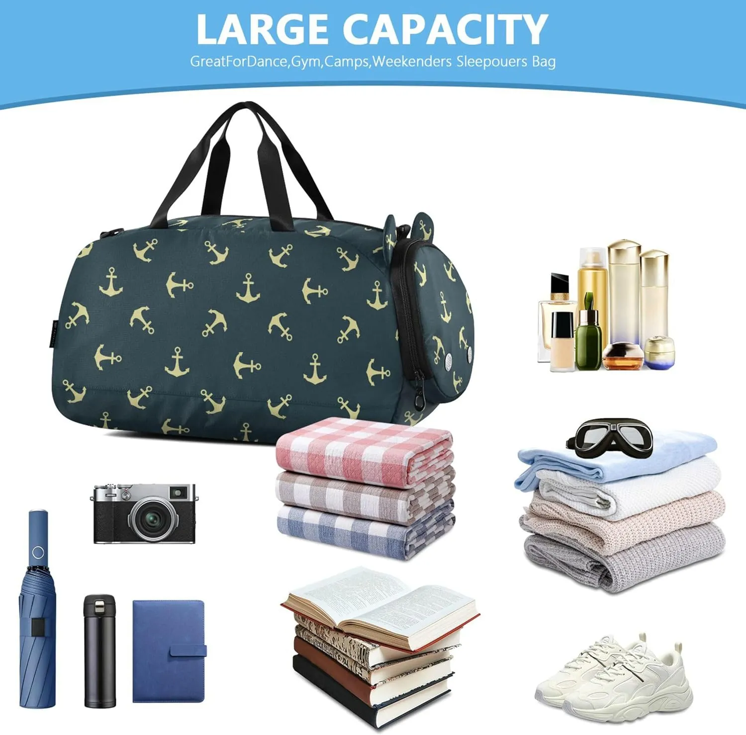 Gold Ocean Navy Blue Duffel Bag with Shoes Compartment Multifunctional Carry On Overnight Bag for Beach Swim Bags Pool Sports