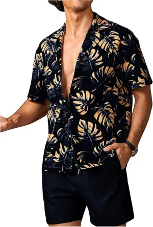 GORGLITTER Men's 2 Piece Vacation Beach Outfits Floral Button Down Shirt and Shorts Cruise Attire Sets