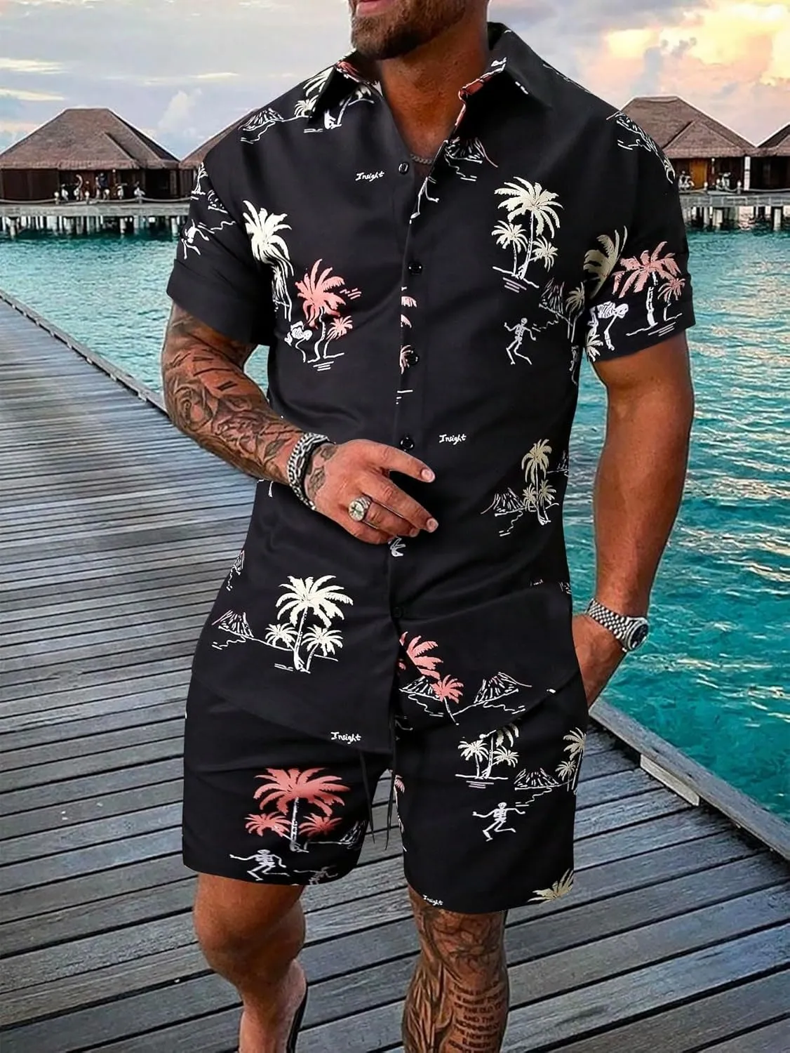 GORGLITTER Men's 2 Piece Vacation Beach Outfits Floral Button Down Shirt and Shorts Cruise Attire Sets