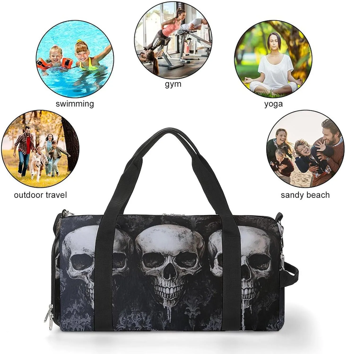 Gothic Style of Skulls Fitness Large Gym Bag for Unisex with Shoe Compartment & Wet Pocket