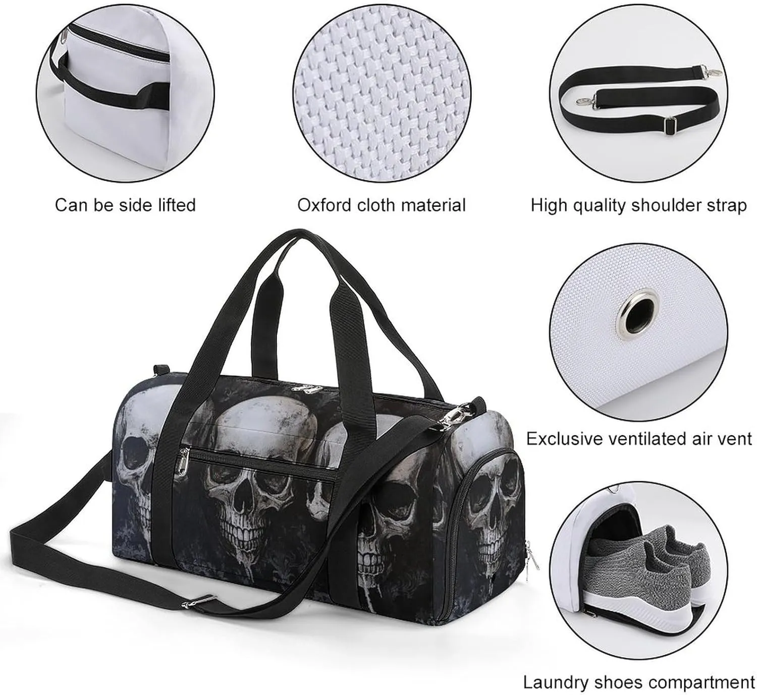 Gothic Style of Skulls Fitness Large Gym Bag for Unisex with Shoe Compartment & Wet Pocket