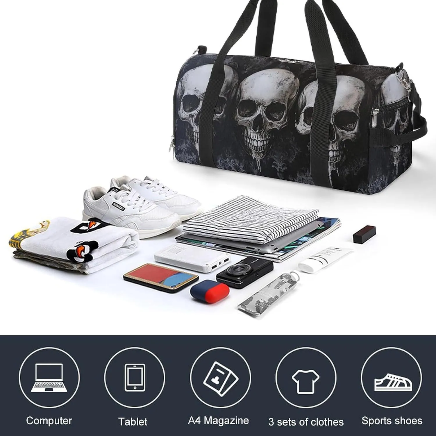 Gothic Style of Skulls Fitness Large Gym Bag for Unisex with Shoe Compartment & Wet Pocket