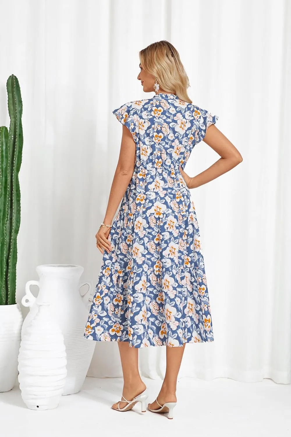 GRACE KARIN Womens Summer Floral Midi Dresses Short Sleeve Beach Wedding Guest Dress Drawstring Long Flowy Dress with Pockets