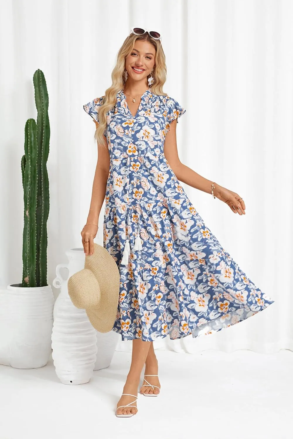 GRACE KARIN Womens Summer Floral Midi Dresses Short Sleeve Beach Wedding Guest Dress Drawstring Long Flowy Dress with Pockets