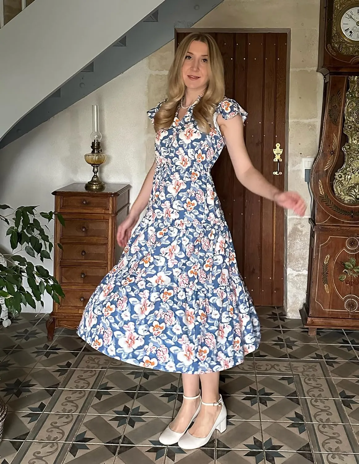 GRACE KARIN Womens Summer Floral Midi Dresses Short Sleeve Beach Wedding Guest Dress Drawstring Long Flowy Dress with Pockets