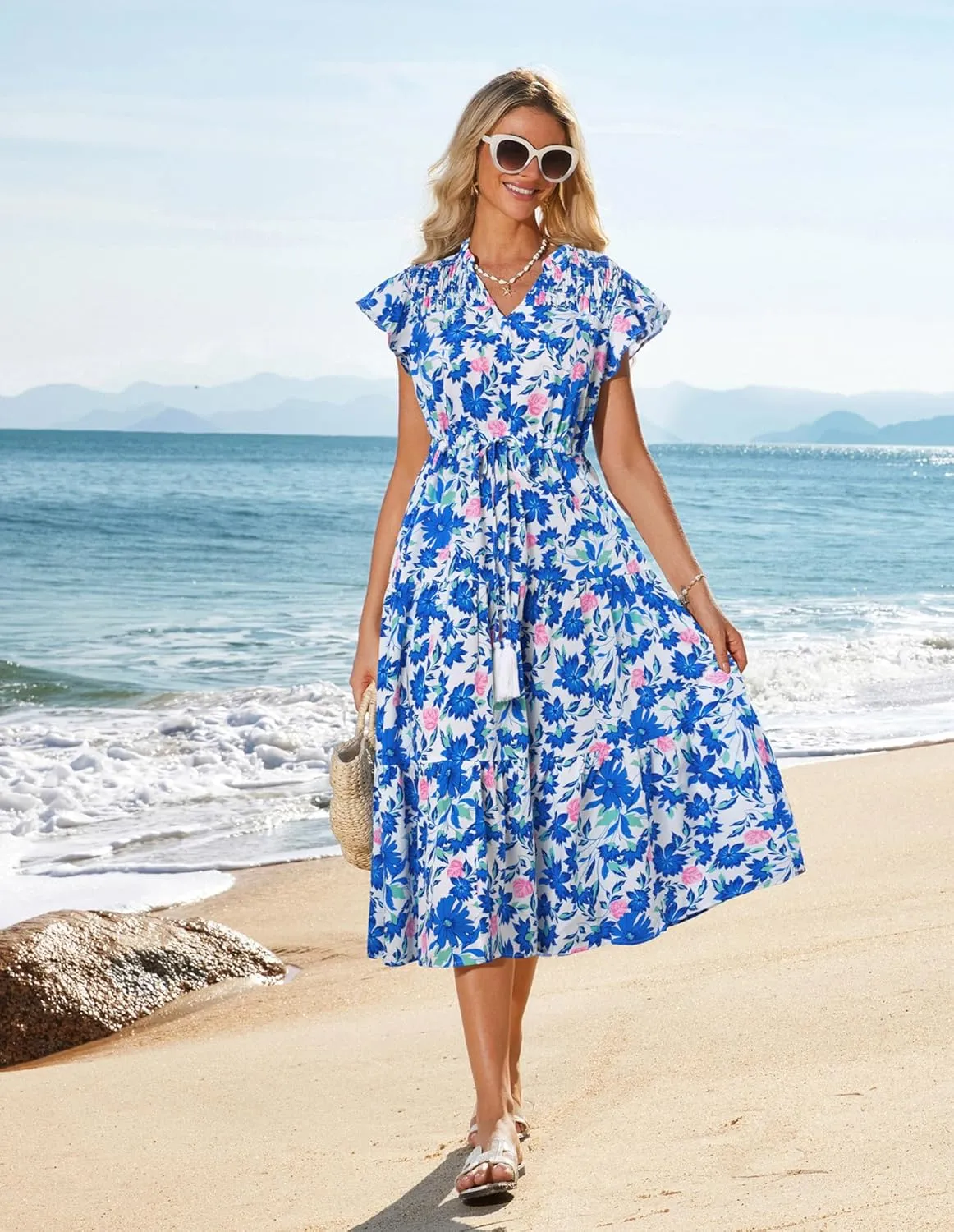 GRACE KARIN Womens Summer Floral Midi Dresses Short Sleeve Beach Wedding Guest Dress Drawstring Long Flowy Dress with Pockets