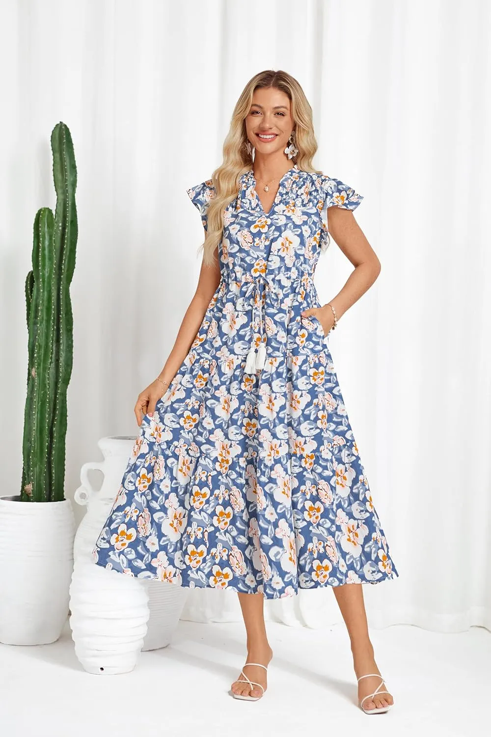 GRACE KARIN Womens Summer Floral Midi Dresses Short Sleeve Beach Wedding Guest Dress Drawstring Long Flowy Dress with Pockets