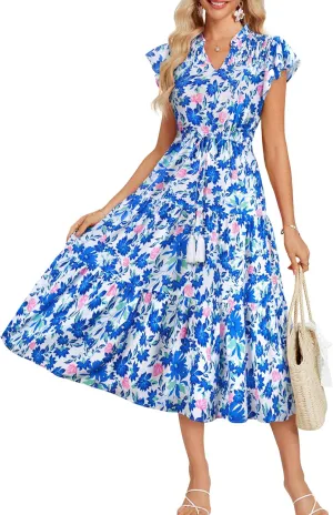 GRACE KARIN Womens Summer Floral Midi Dresses Short Sleeve Beach Wedding Guest Dress Drawstring Long Flowy Dress with Pockets