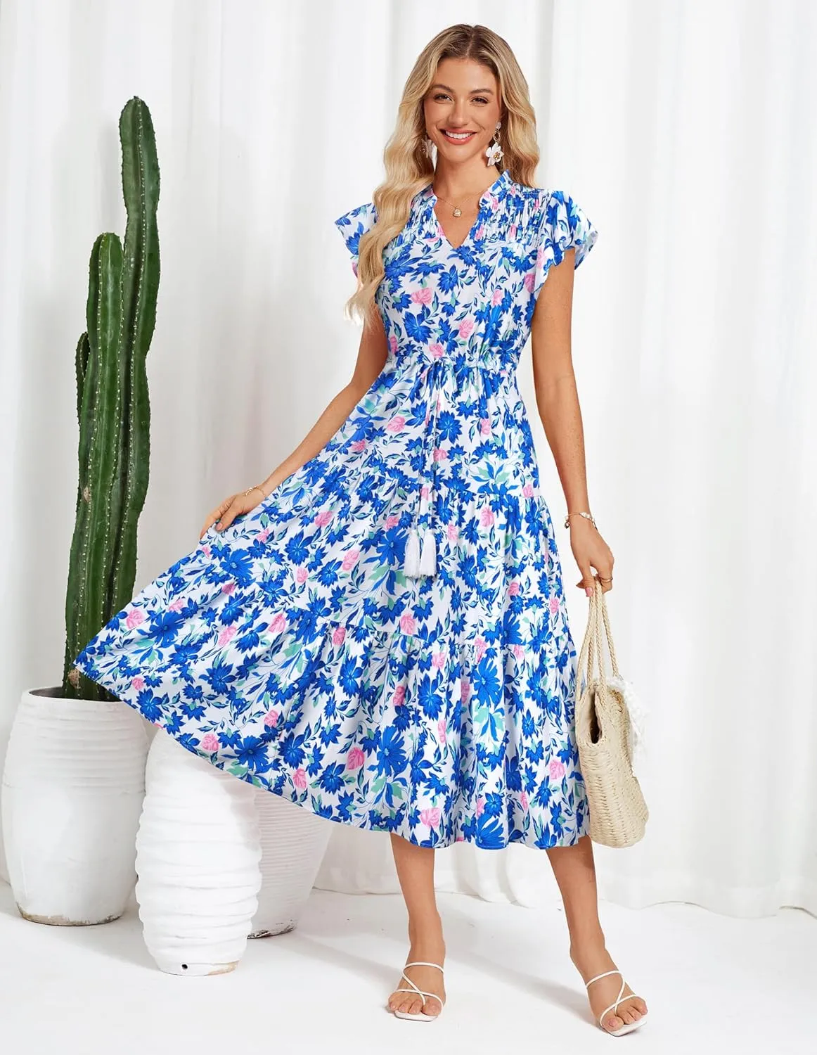 GRACE KARIN Womens Summer Floral Midi Dresses Short Sleeve Beach Wedding Guest Dress Drawstring Long Flowy Dress with Pockets