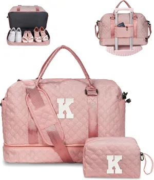 Graduate Gifts for Her-Girls Duffle Bag with Shoe Compartment, Kids Weekender Bags, Overnight Bag with Makeup Pouch, Gifts for 10 11 12 13 14 15 16 Year Old Kid-Graduation Present (Letter K)