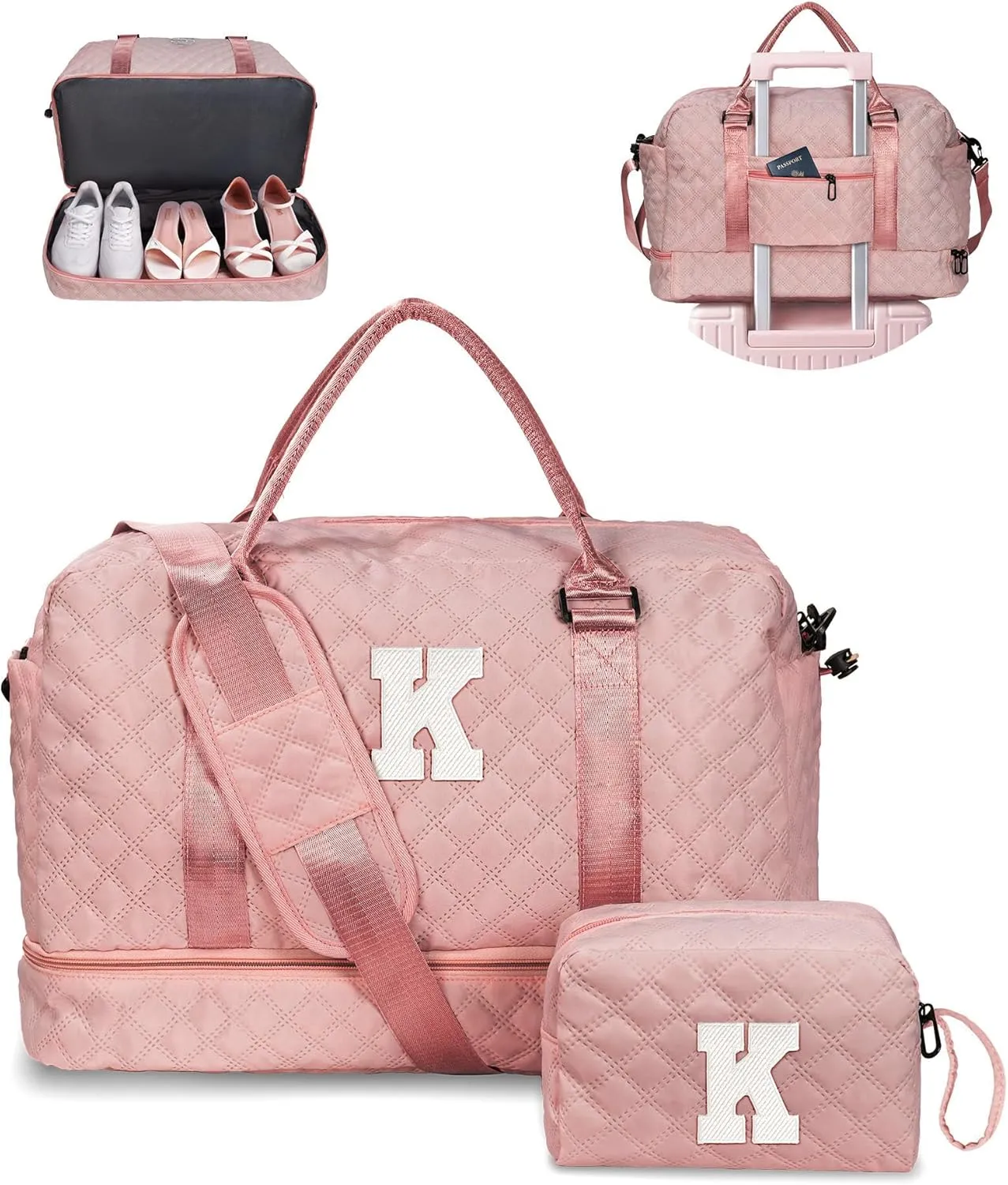 Graduate Gifts for Her-Girls Duffle Bag with Shoe Compartment, Kids Weekender Bags, Overnight Bag with Makeup Pouch, Gifts for 10 11 12 13 14 15 16 Year Old Kid-Graduation Present (Letter K)