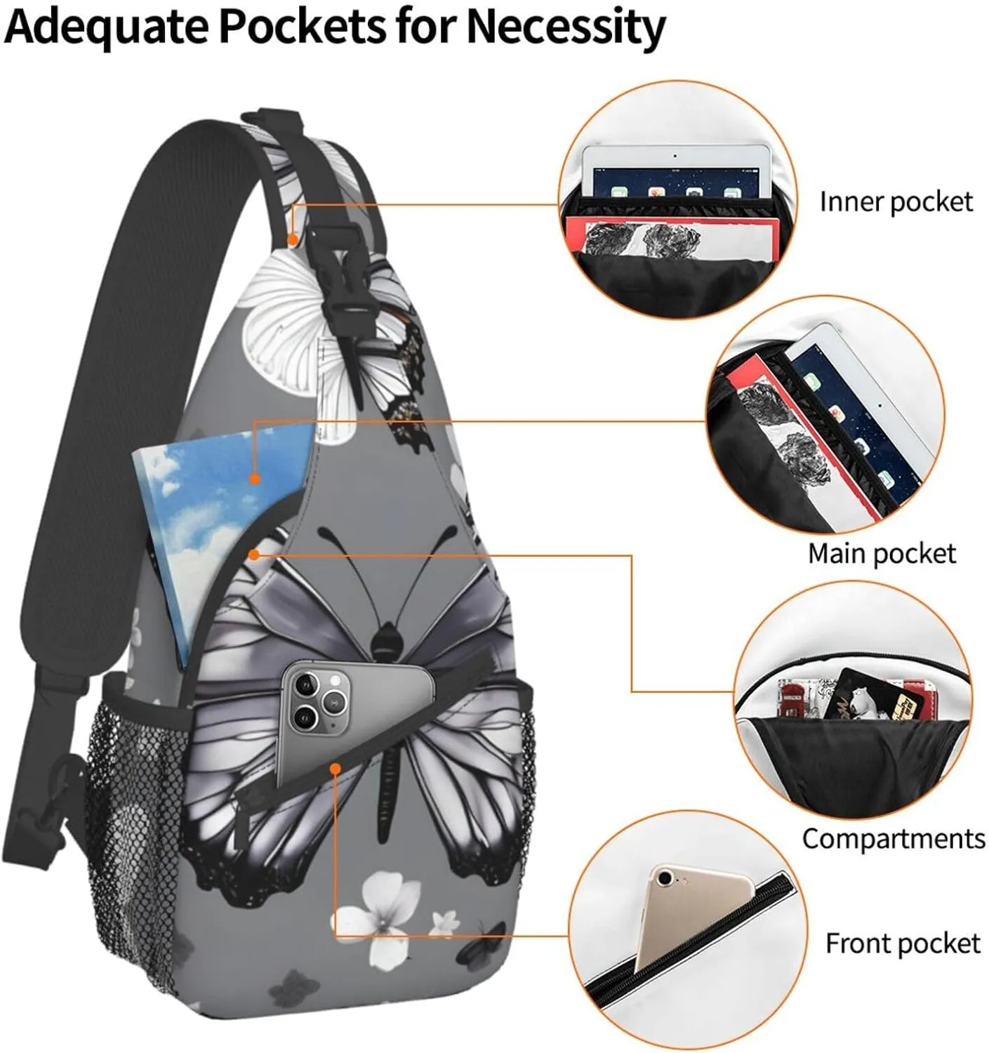 Gray Teal Butterfly Print Stylish Sling Backpack, Sling Bag,Chest Bag Daypack, for Hiking, Travel, and Business