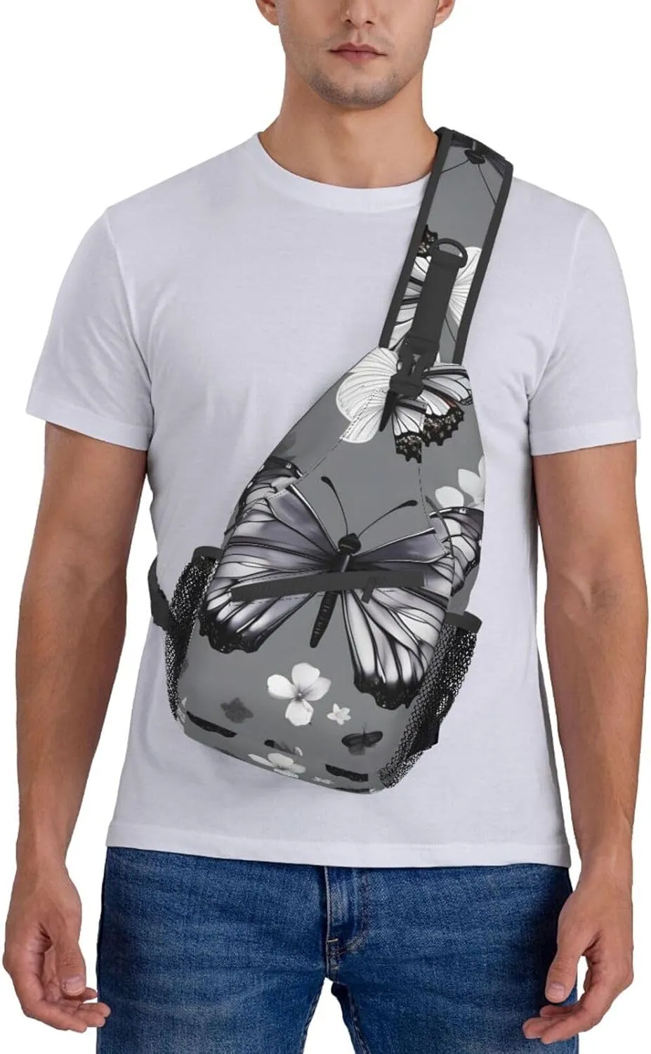 Gray Teal Butterfly Print Stylish Sling Backpack, Sling Bag,Chest Bag Daypack, for Hiking, Travel, and Business