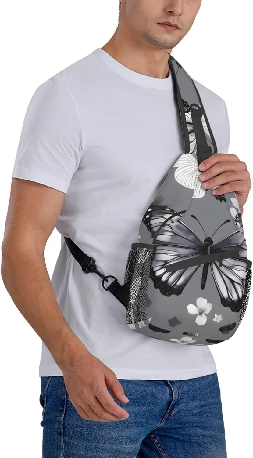 Gray Teal Butterfly Print Stylish Sling Backpack, Sling Bag,Chest Bag Daypack, for Hiking, Travel, and Business