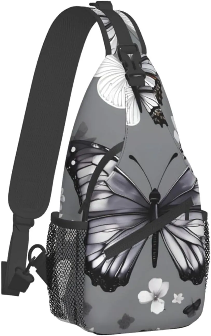 Gray Teal Butterfly Print Stylish Sling Backpack, Sling Bag,Chest Bag Daypack, for Hiking, Travel, and Business