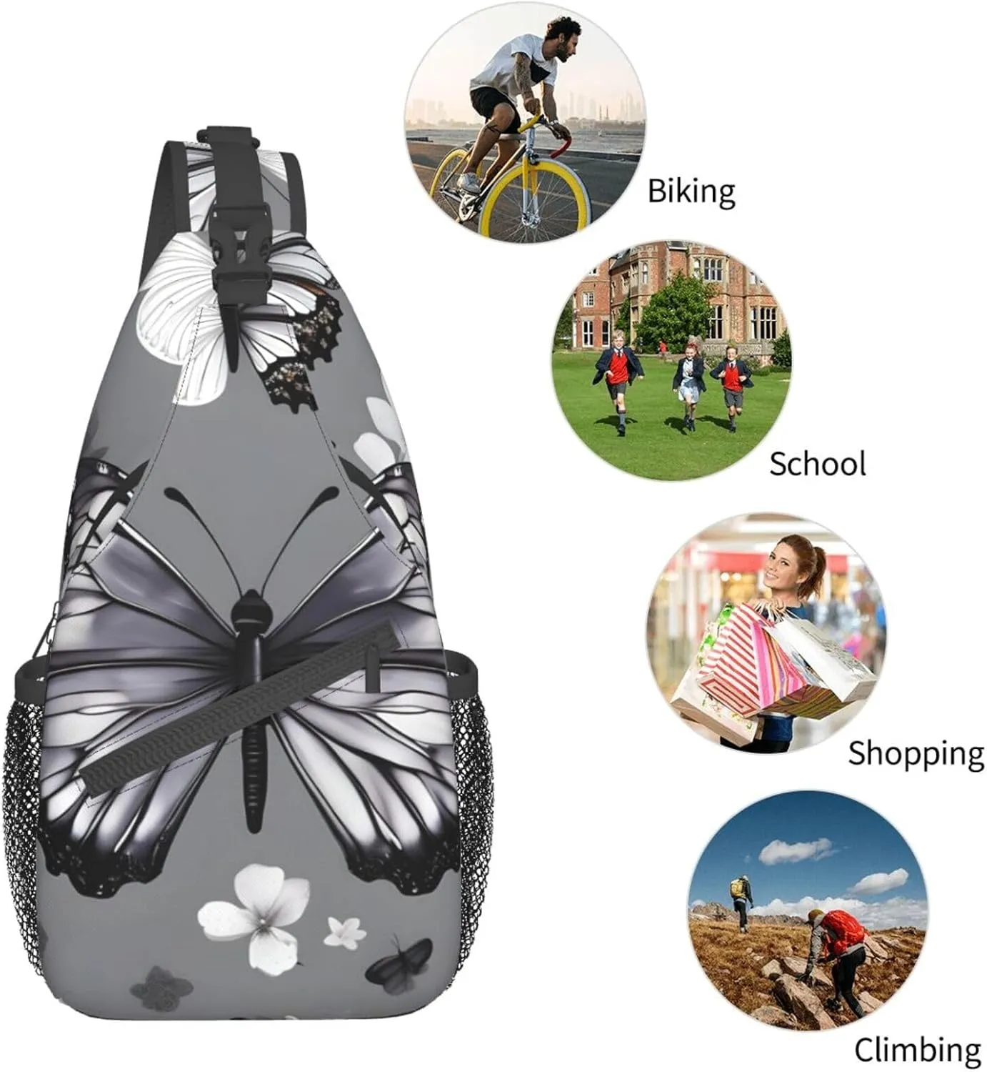 Gray Teal Butterfly Print Stylish Sling Backpack, Sling Bag,Chest Bag Daypack, for Hiking, Travel, and Business