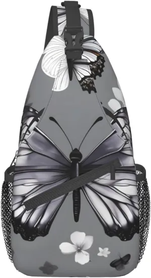 Gray Teal Butterfly Print Stylish Sling Backpack, Sling Bag,Chest Bag Daypack, for Hiking, Travel, and Business
