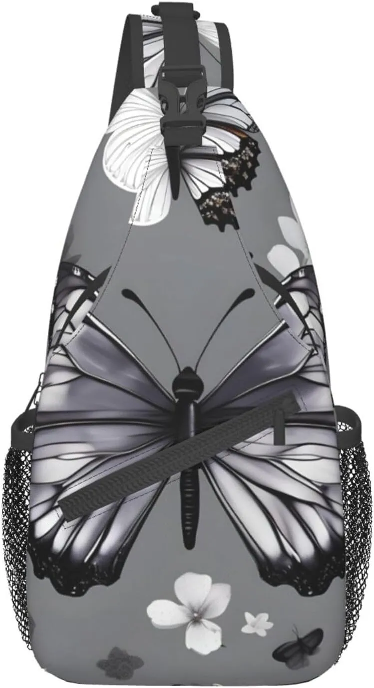 Gray Teal Butterfly Print Stylish Sling Backpack, Sling Bag,Chest Bag Daypack, for Hiking, Travel, and Business