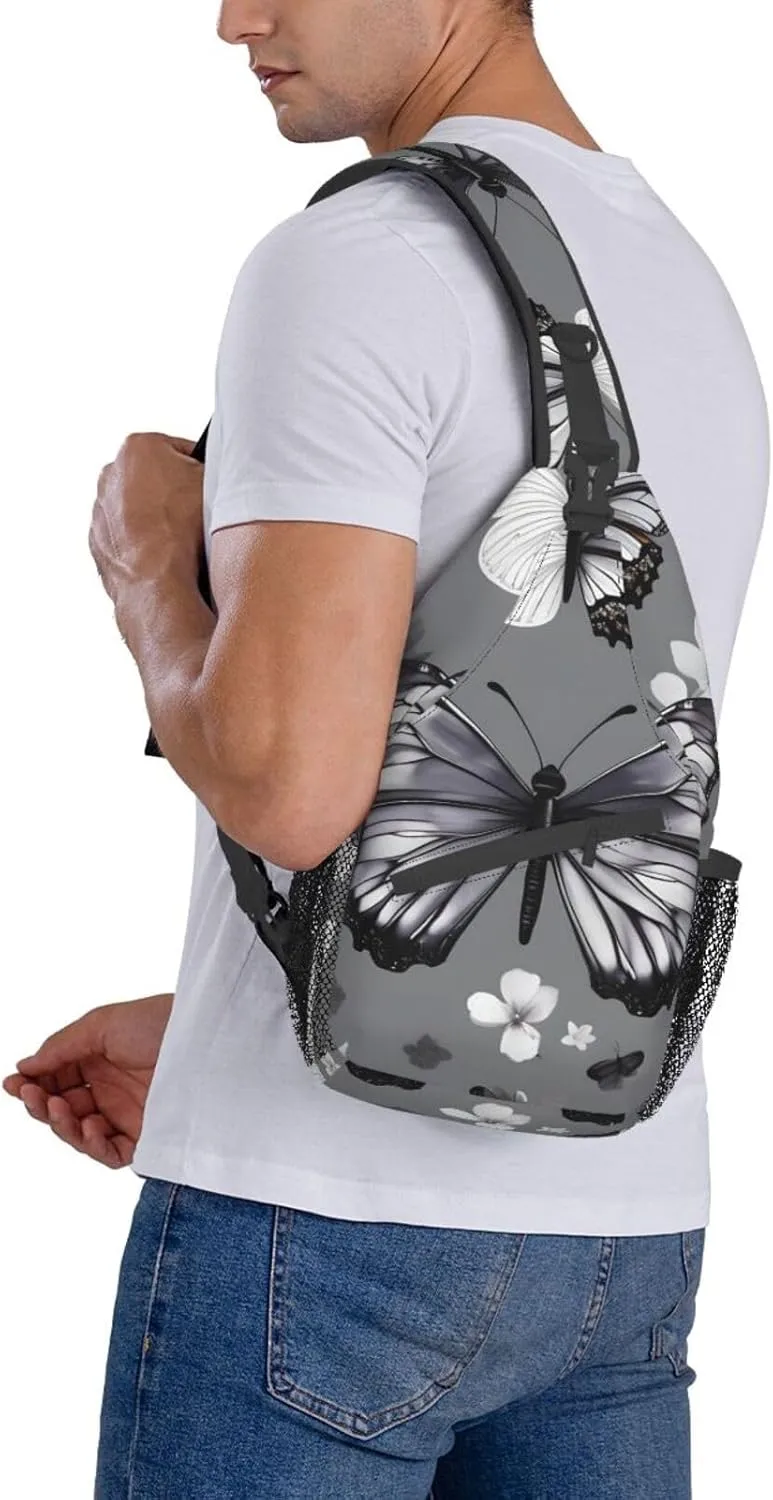 Gray Teal Butterfly Print Stylish Sling Backpack, Sling Bag,Chest Bag Daypack, for Hiking, Travel, and Business