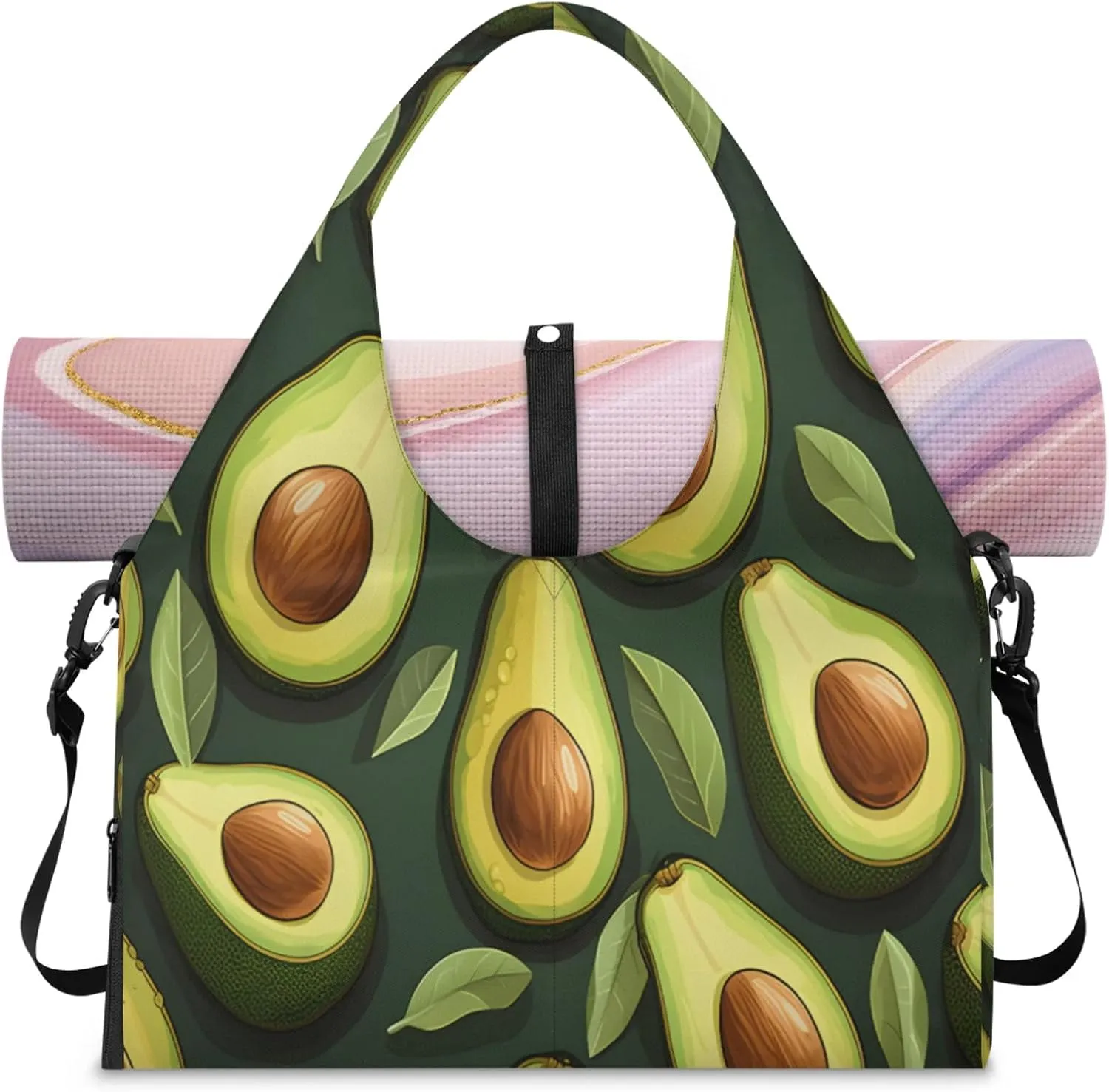 Green Leaf Avocado Women's Yoga Gym Bag - Adjustable shoulder strap with shoe compartment, large gym bag with multiple pockets for yoga mat, gym equipment and travel accessories
