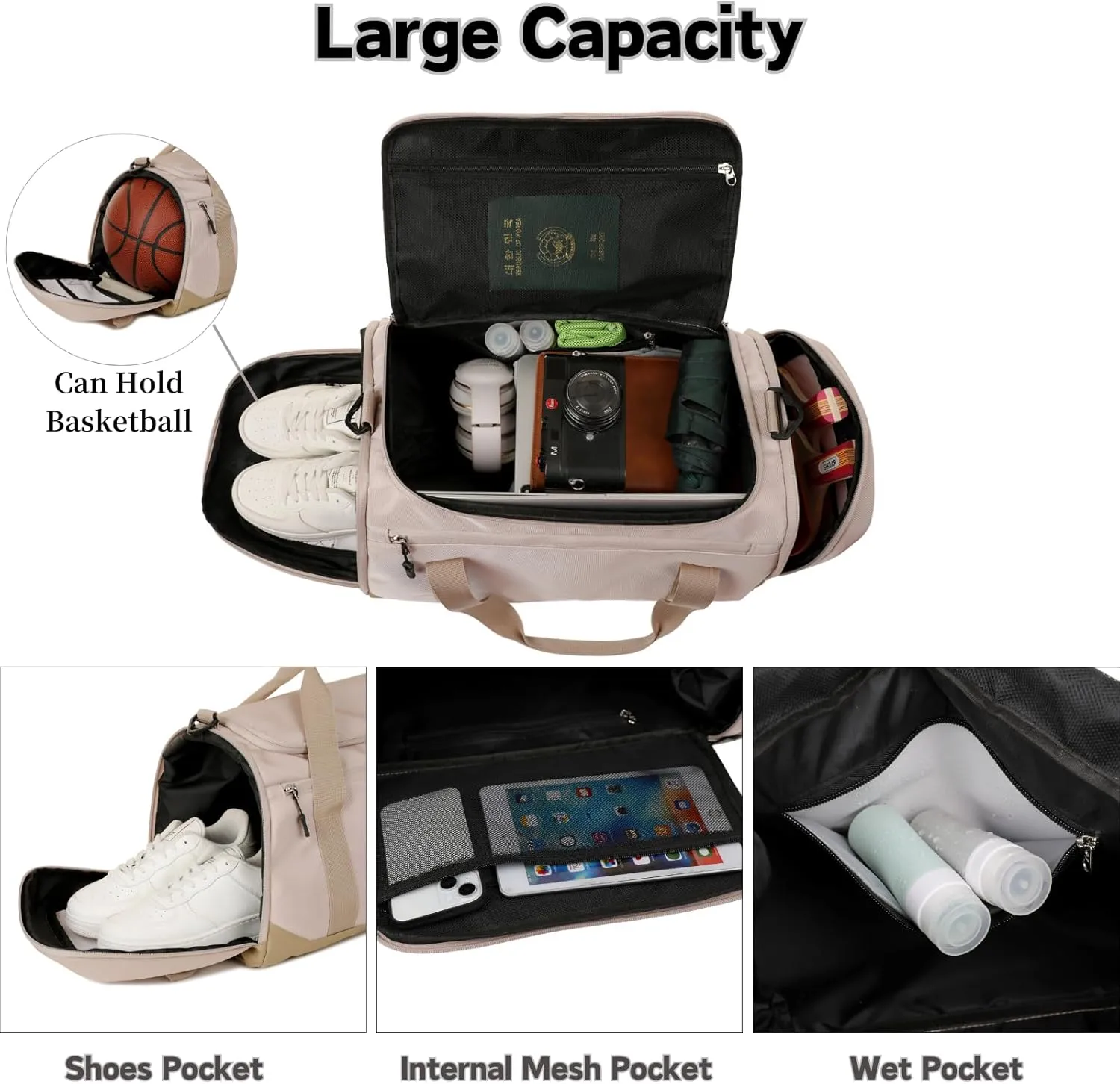 Gym Bag for Men Women, Large Sports Travel Duffle Bag with Wet Pocket & Shoe Compartment, 35L Waterproof Lightweight Carry On Overnight Weekender Bag for Workout, Fitness, Business - Beige