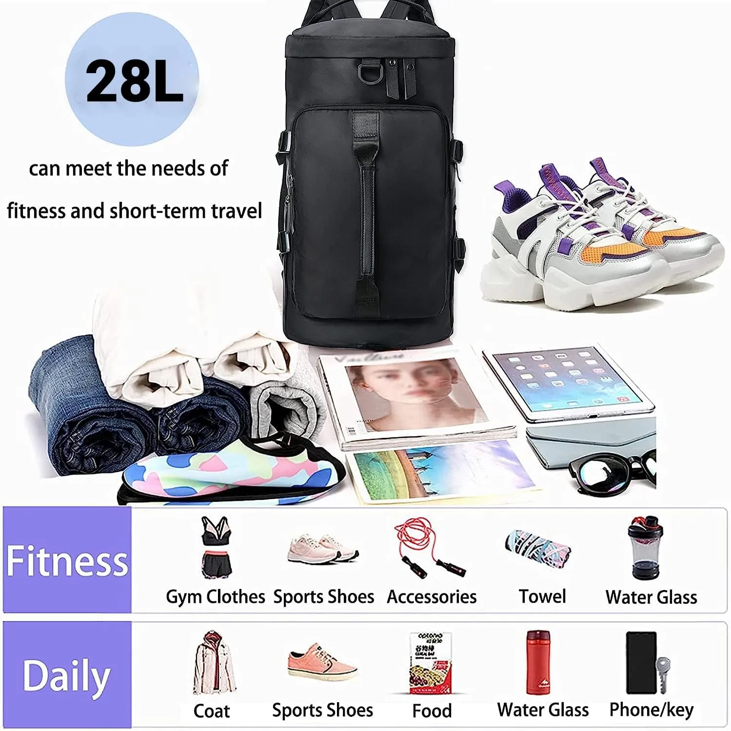 Gym Bag For Men Women, Sports Duffle Bag With Shoe Compartment & Wet Pocket, Tote And Backpack Double Design, Weekender Overnight Bags For Yoga Travel Swimming Camping (Blue)