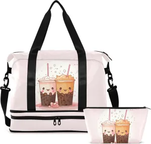 Gym Bag for Women & Men,Duffel Bag with Shoe Pocket,Weekender Overnight Bag with Trolley Sleeve for Travel 21217378 Kawaii Bubble Tea