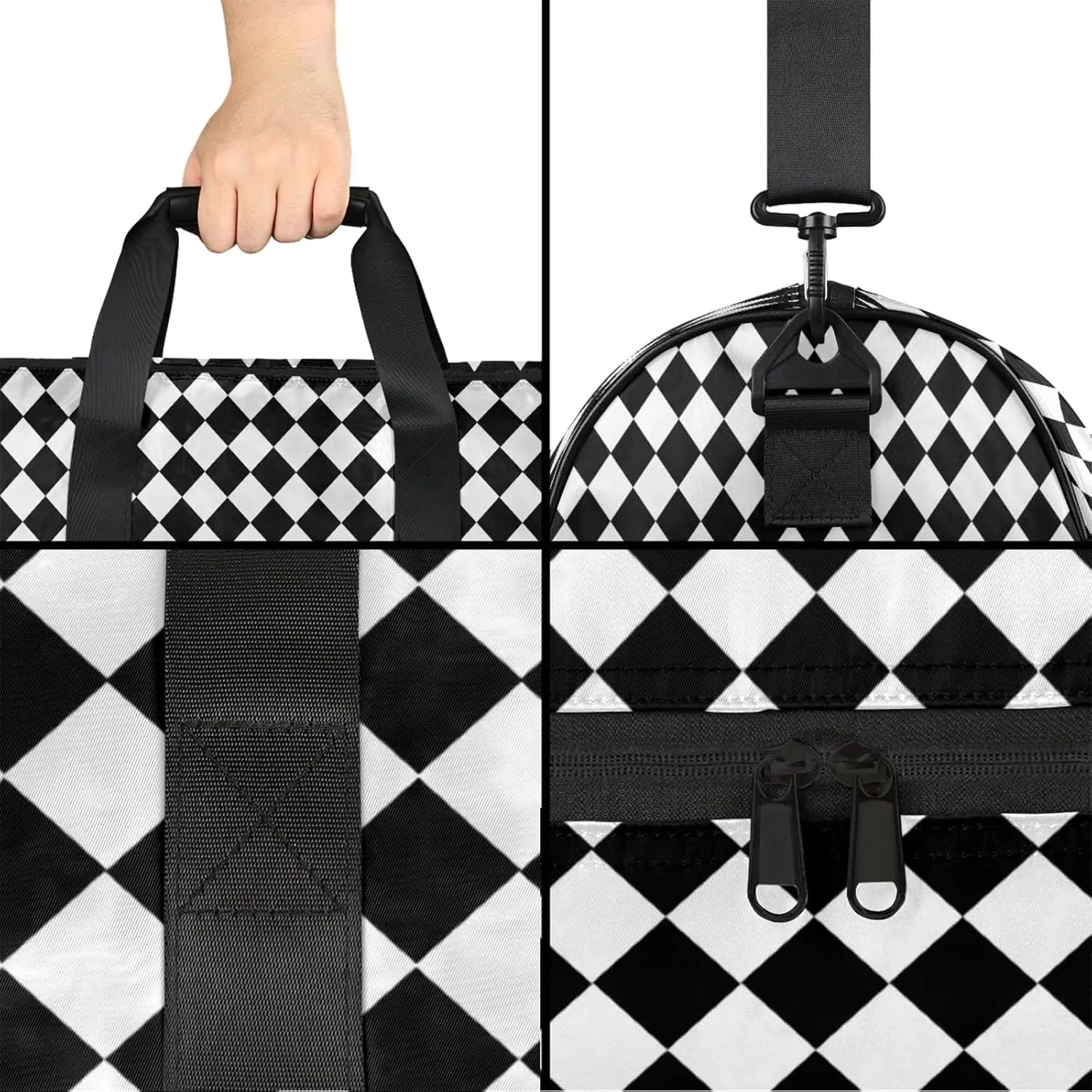 Gym Bag for Women Men Black White Trellis Travel Duffle Bag with Shoe Compartment Waterproof Sports Tote Bags Large Overnight Weekender Bags for Travel Swimming Gym Yoga Dance