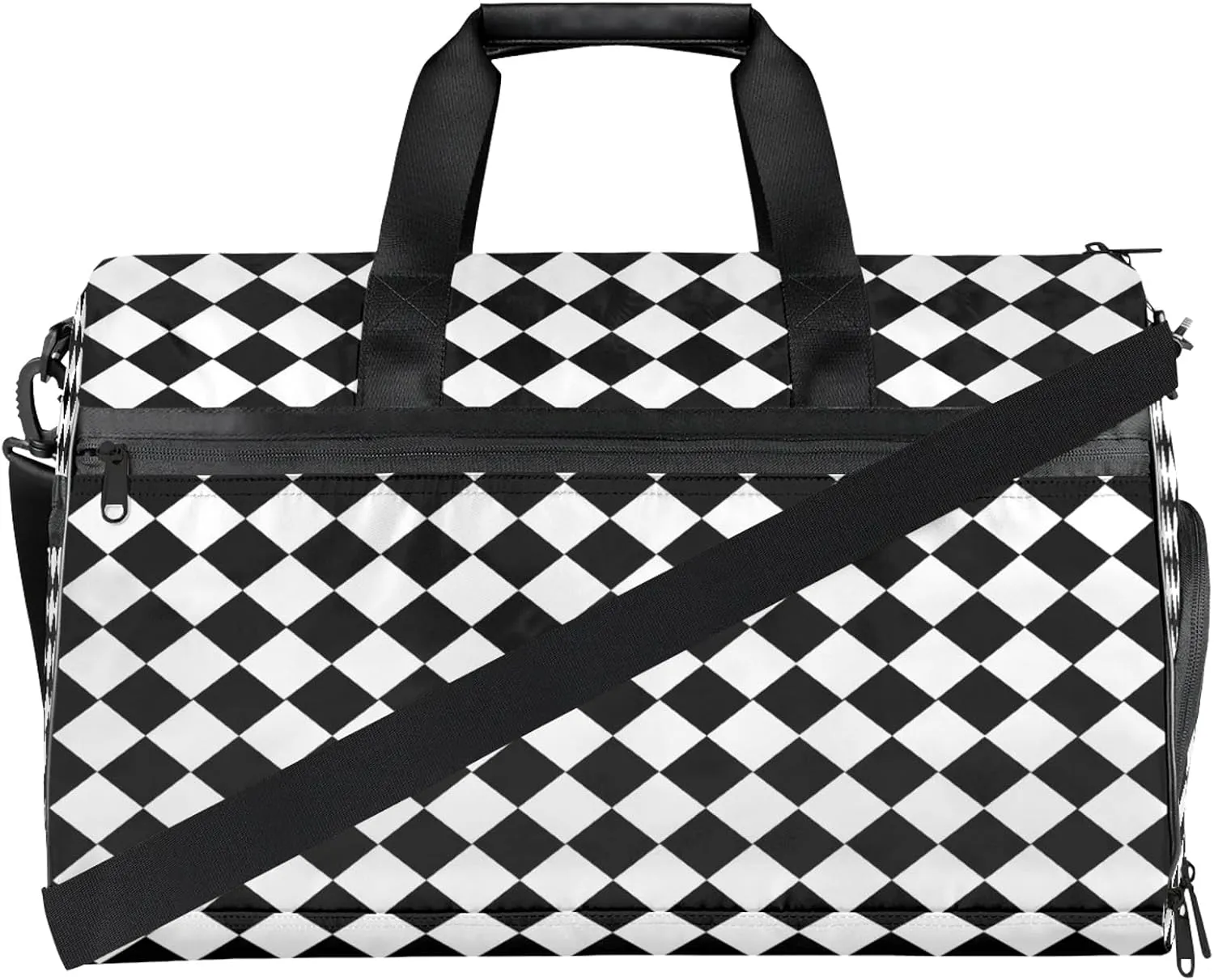 Gym Bag for Women Men Black White Trellis Travel Duffle Bag with Shoe Compartment Waterproof Sports Tote Bags Large Overnight Weekender Bags for Travel Swimming Gym Yoga Dance
