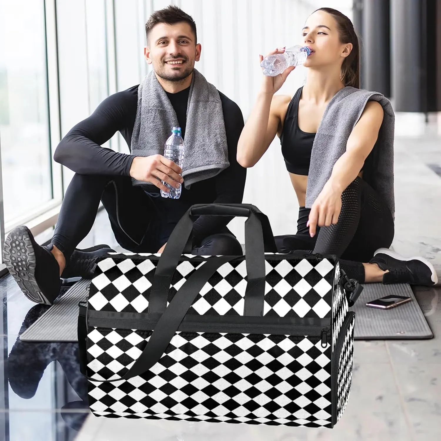 Gym Bag for Women Men Black White Trellis Travel Duffle Bag with Shoe Compartment Waterproof Sports Tote Bags Large Overnight Weekender Bags for Travel Swimming Gym Yoga Dance