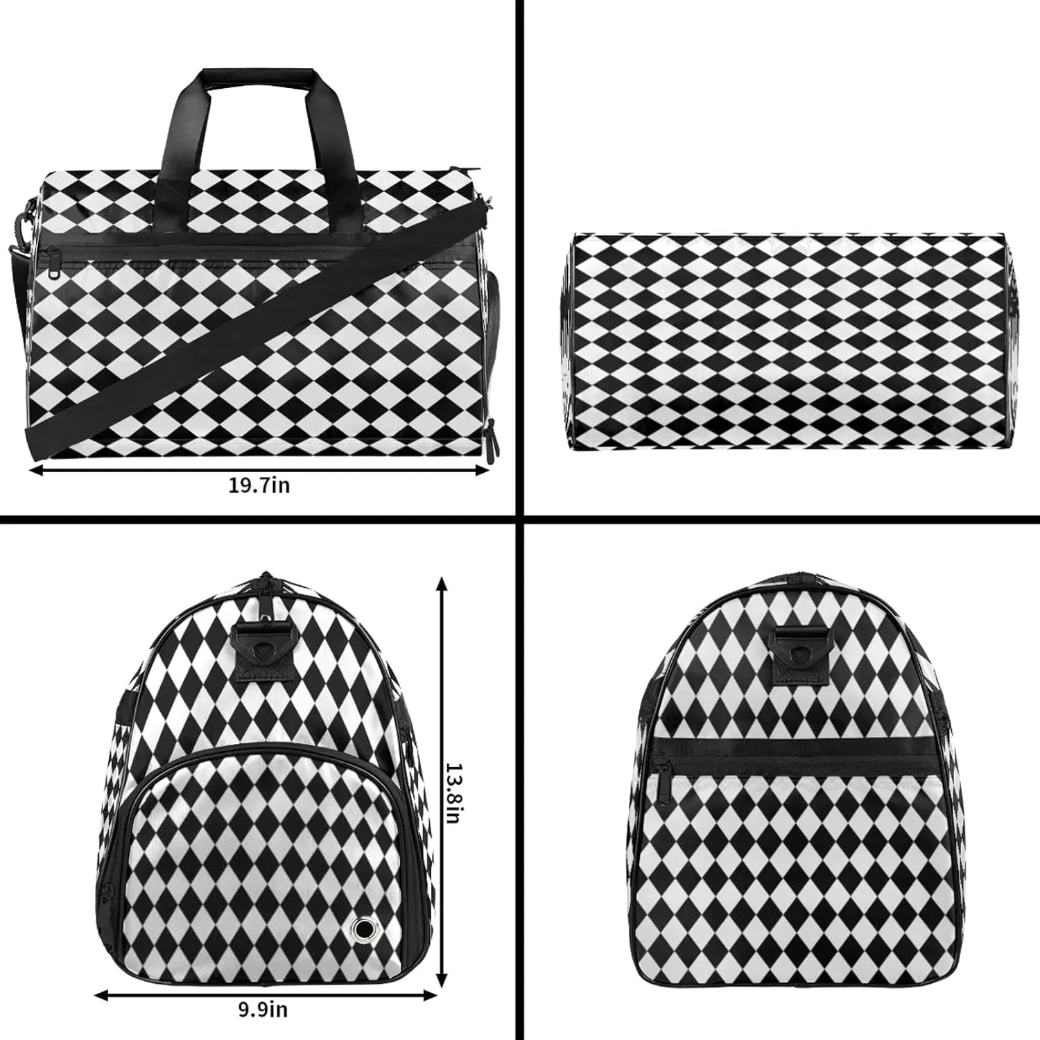 Gym Bag for Women Men Black White Trellis Travel Duffle Bag with Shoe Compartment Waterproof Sports Tote Bags Large Overnight Weekender Bags for Travel Swimming Gym Yoga Dance