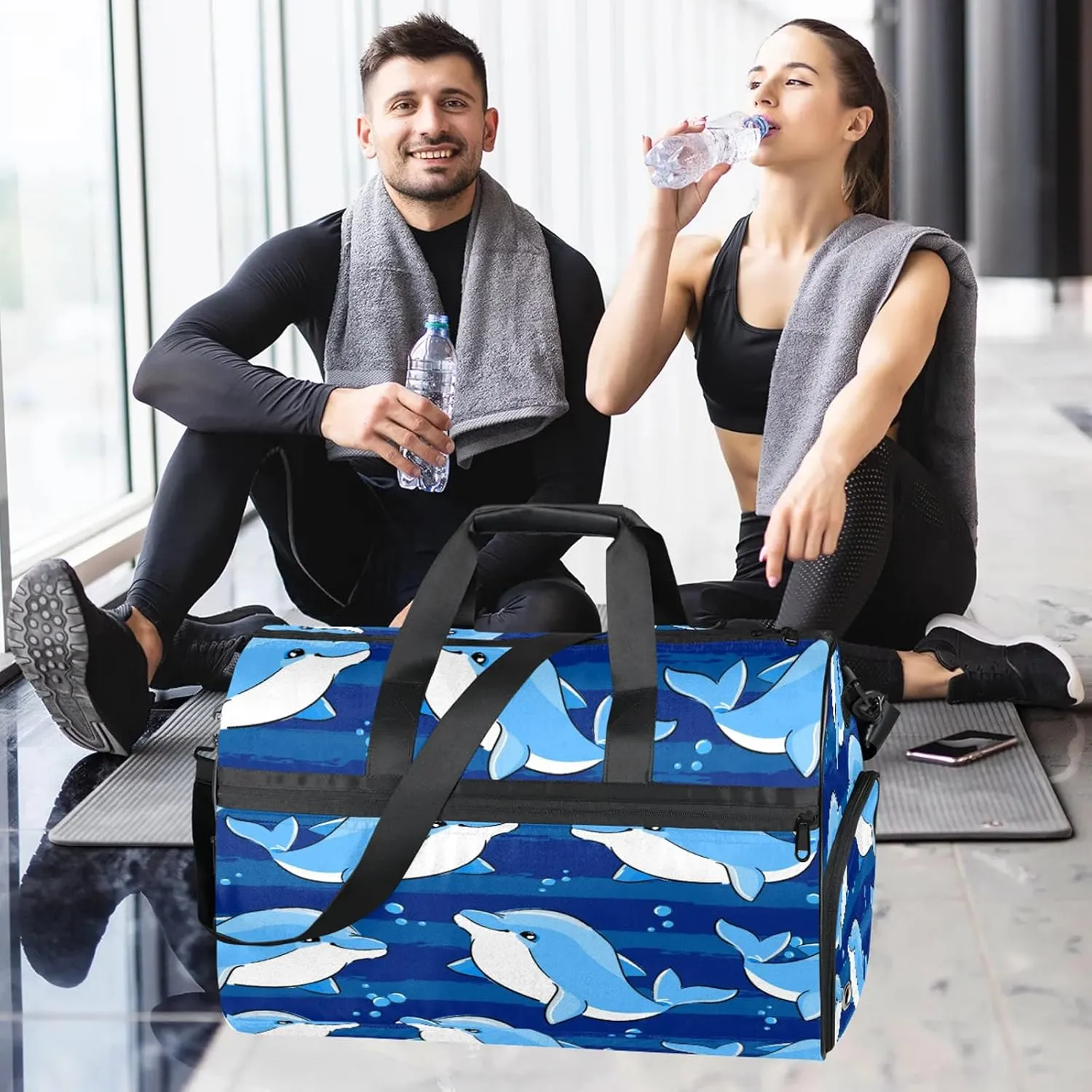 Gym Bag for Women Men Blue Animal Dolphin Travel Duffle Bag with Shoe Compartment Waterproof Sports Tote Bags Large Overnight Weekender Bags for Travel Swimming Gym Yoga Dance