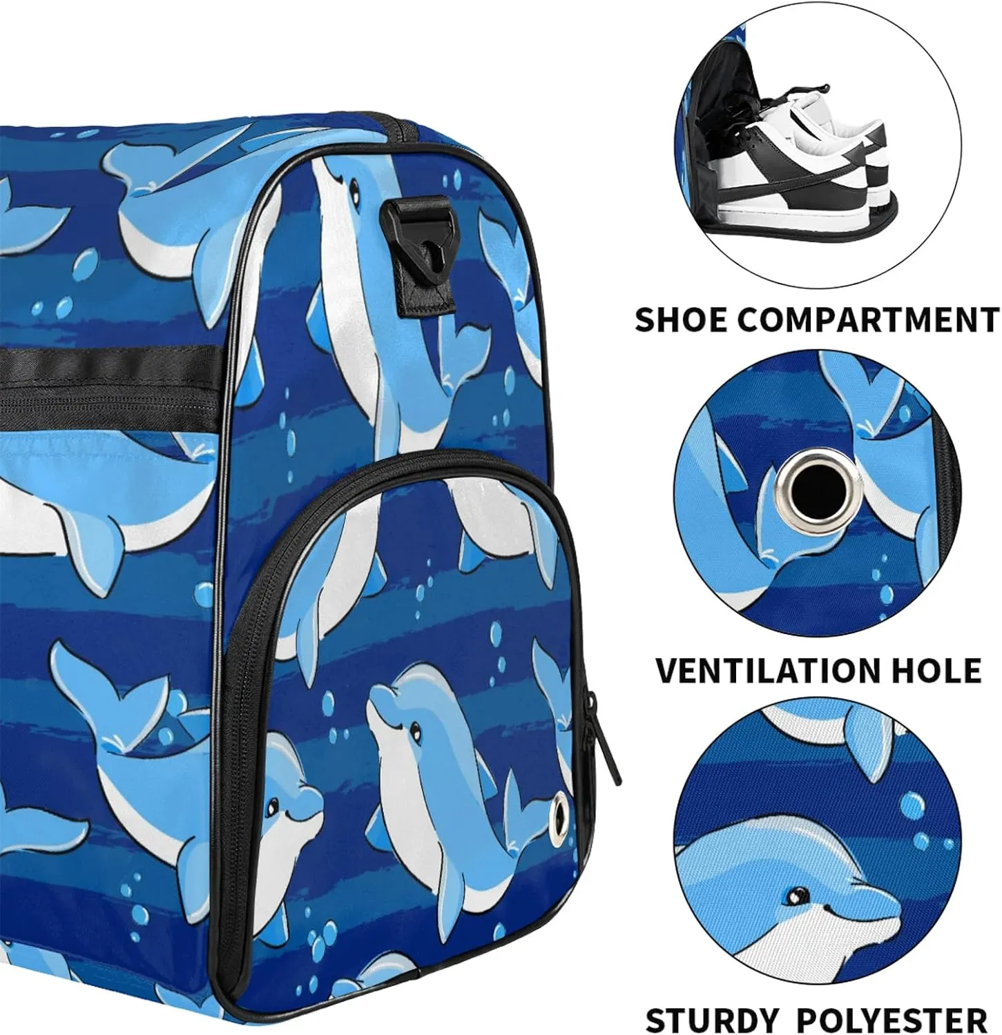 Gym Bag for Women Men Blue Animal Dolphin Travel Duffle Bag with Shoe Compartment Waterproof Sports Tote Bags Large Overnight Weekender Bags for Travel Swimming Gym Yoga Dance