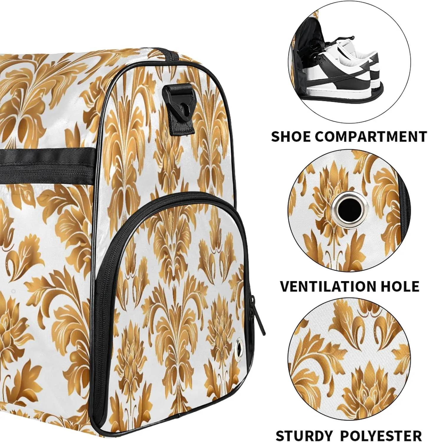 Gym Bag for Women Men France Gold Flower Travel Duffle Bag with Shoe Compartment Waterproof Sports Tote Bags Large Overnight Weekender Bags for Travel Swimming Gym Yoga Dance