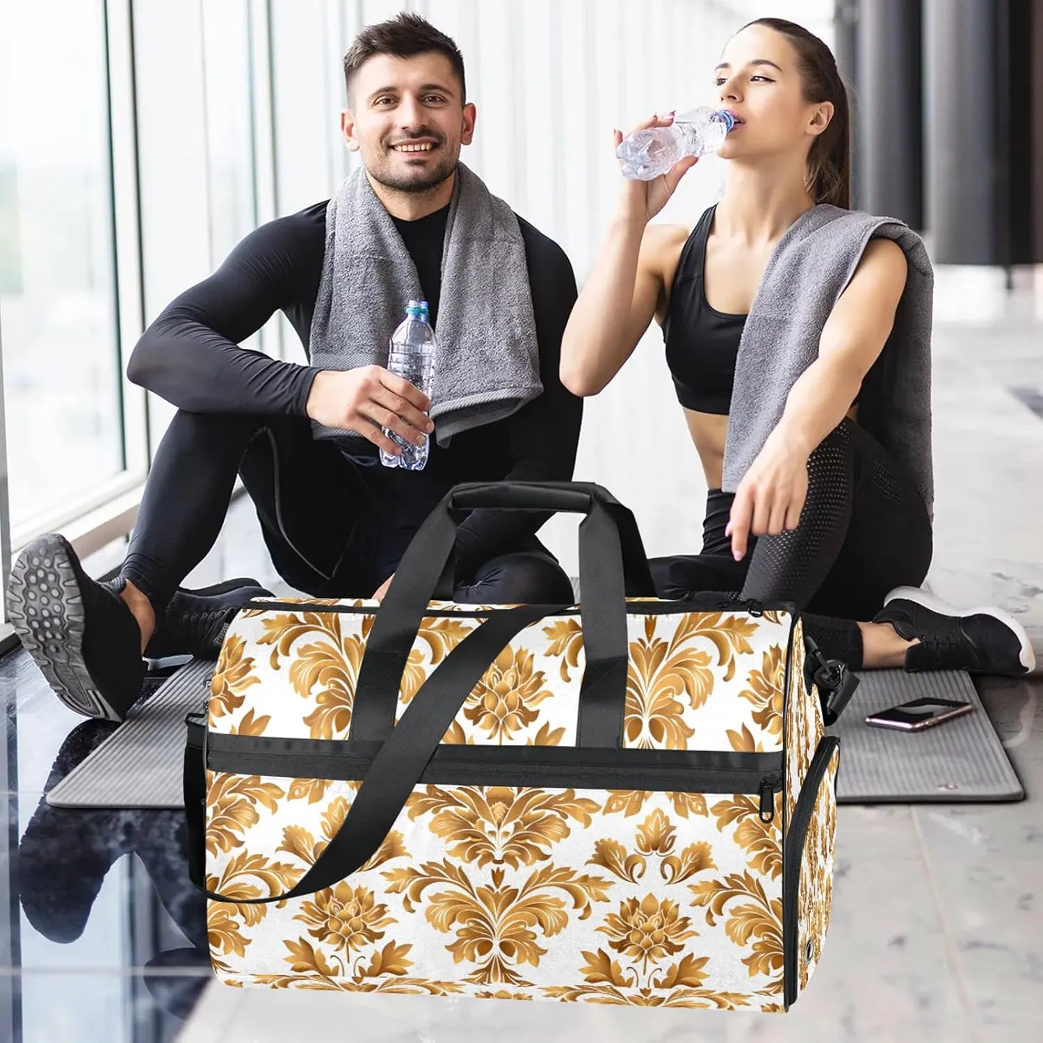 Gym Bag for Women Men France Gold Flower Travel Duffle Bag with Shoe Compartment Waterproof Sports Tote Bags Large Overnight Weekender Bags for Travel Swimming Gym Yoga Dance