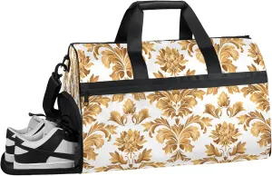 Gym Bag for Women Men France Gold Flower Travel Duffle Bag with Shoe Compartment Waterproof Sports Tote Bags Large Overnight Weekender Bags for Travel Swimming Gym Yoga Dance