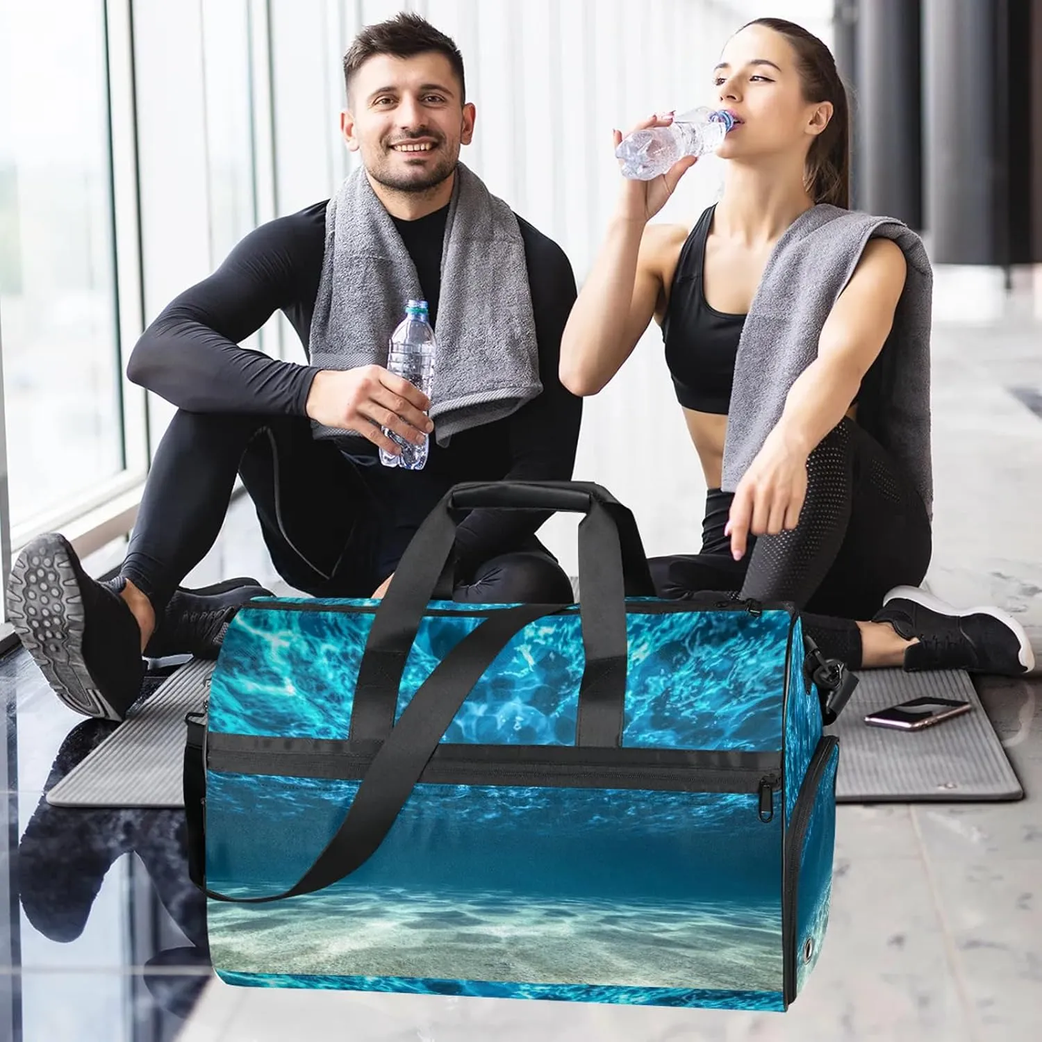 Gym Bag for Women Men Ocean Blue Seabed Travel Duffle Bag with Shoe Compartment Waterproof Sports Tote Bags Large Overnight Weekender Bags for Travel Swimming Gym Yoga Dance