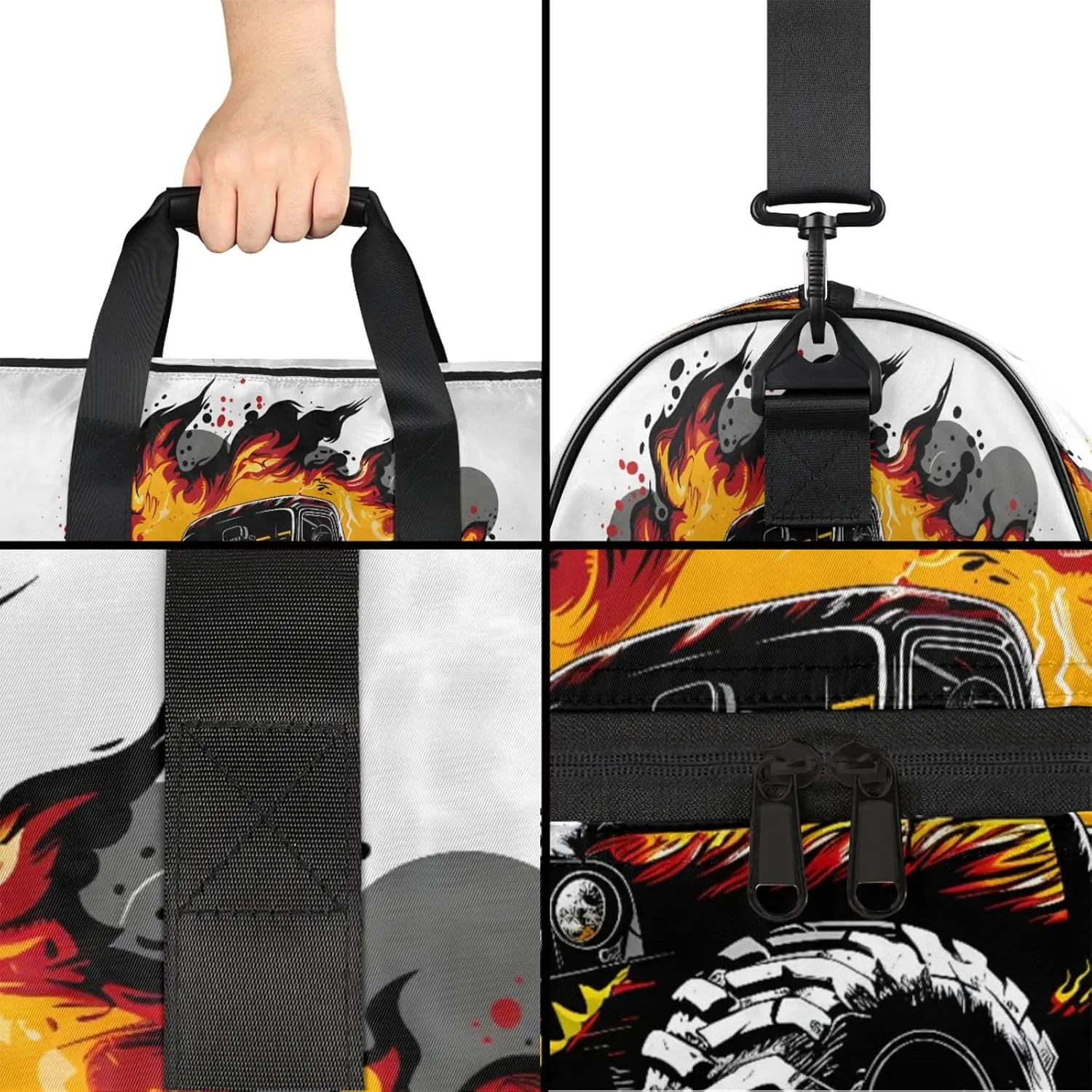 Gym Bag for Women Men Truck Abstract Fire Travel Duffle Bag with Shoe Compartment Waterproof Sports Tote Bags Large Overnight Weekender Bags for Travel Swimming Gym Yoga Dance