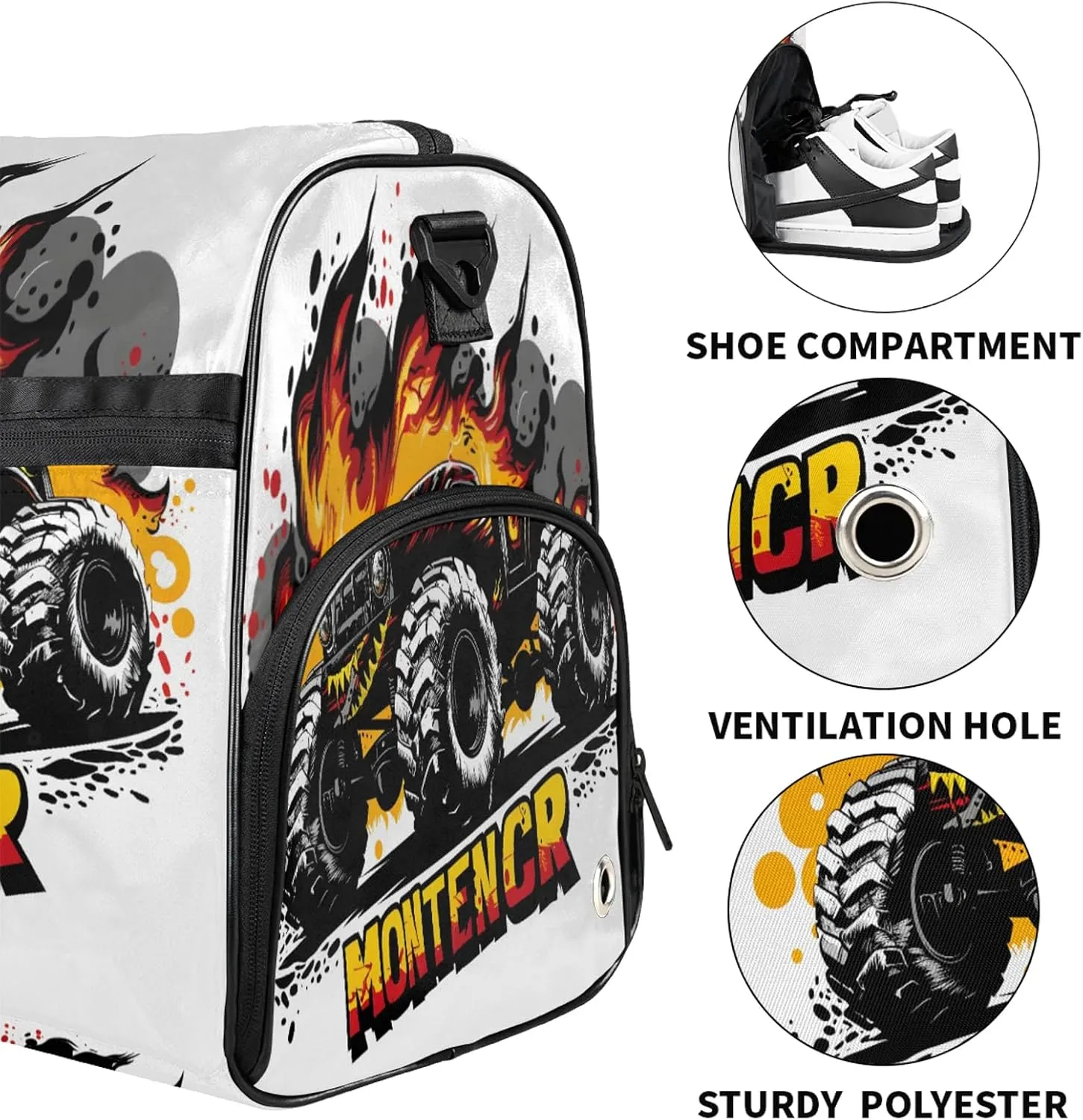 Gym Bag for Women Men Truck Abstract Fire Travel Duffle Bag with Shoe Compartment Waterproof Sports Tote Bags Large Overnight Weekender Bags for Travel Swimming Gym Yoga Dance
