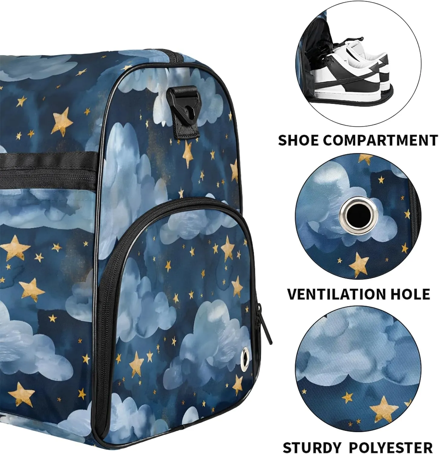 Gym Bag for Women Men Watercolor Blue Clouds Travel Duffle Bag with Shoe Compartment Waterproof Sports Tote Bags Large Overnight Weekender Bags for Travel Swimming Gym Yoga Dance