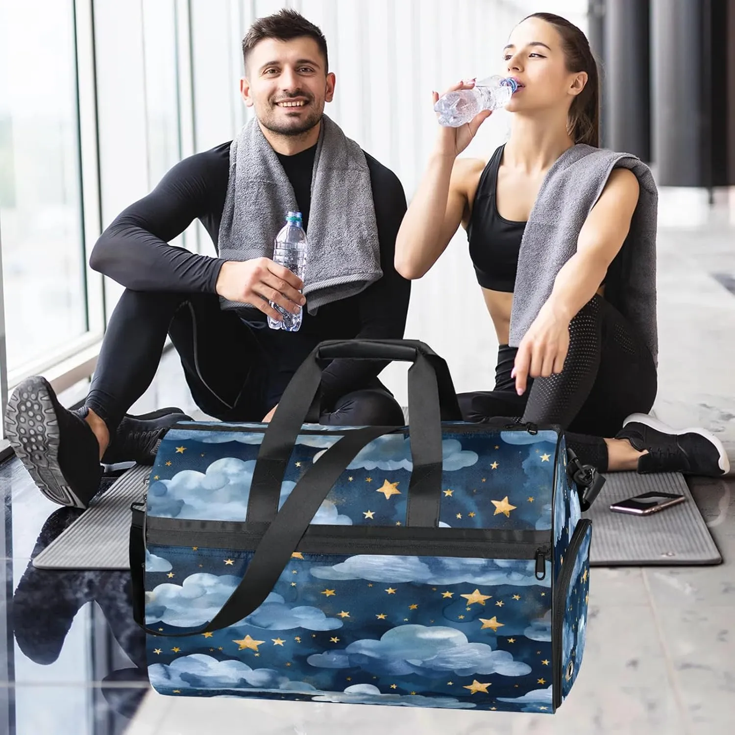 Gym Bag for Women Men Watercolor Blue Clouds Travel Duffle Bag with Shoe Compartment Waterproof Sports Tote Bags Large Overnight Weekender Bags for Travel Swimming Gym Yoga Dance
