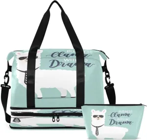 Gym Bag Sports Travel Duffel Bag Weekender Overnight Bag with Wet Pocket Shoes Compartment and Toiletry Bag Cool Business Llama with No Drama for Travel, Business,Gym, Yoga