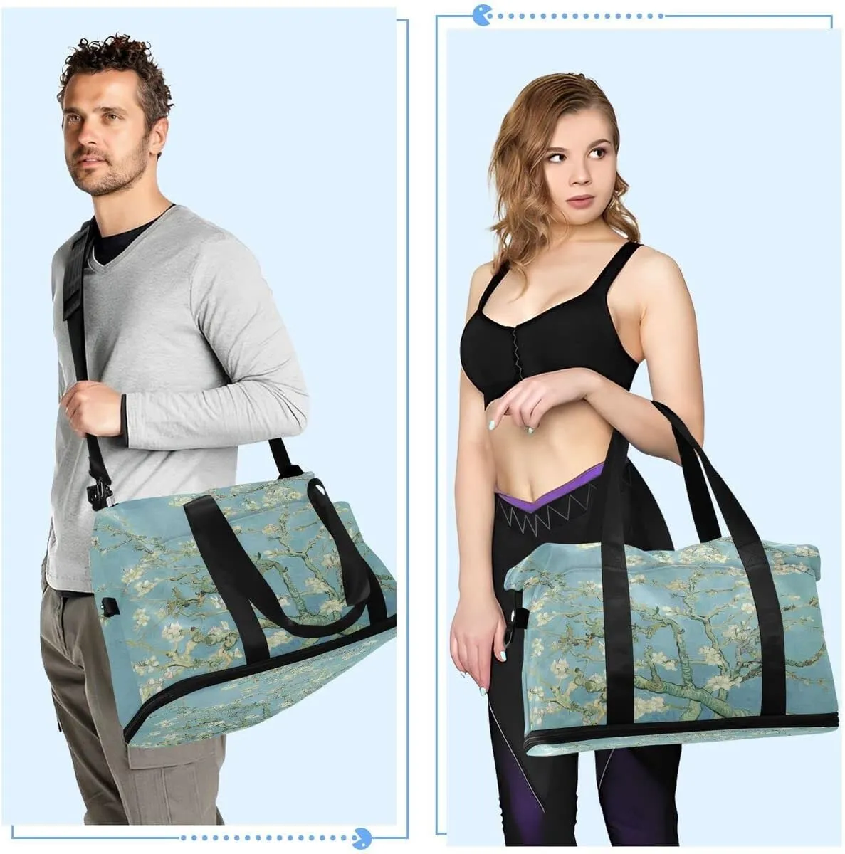Gym Bag Sports Travel Duffel Bag Weekender Overnight Bag with Wet Pocket Shoes Compartment and Toiletry Bag Van Gogh Almond Blossom for Travel, Business,Gym, Yoga