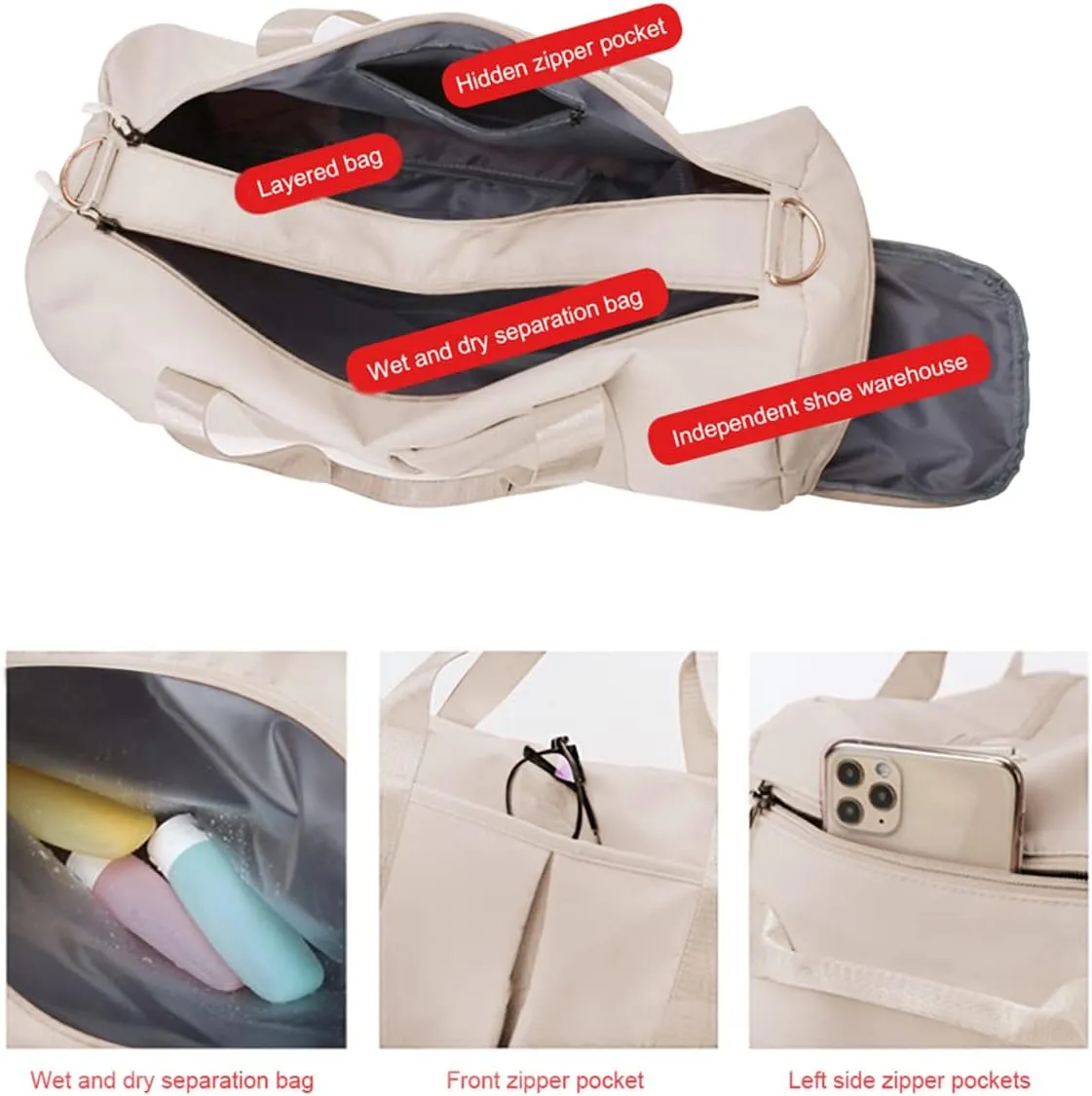 Gym Bag Wet and Dry Sport Bags with Shoe Compartment Travel Bag Waterproof Cute Gym Bag for Women and Men Training Tote Yoga Bag(Beige)
