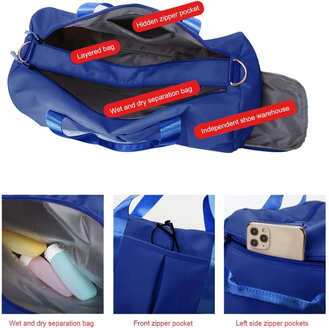 Gym Bag Wet and Dry Sport Bags with Shoe Compartment Travel Bag Waterproof Cute Gym Bag for Women and Men Training Tote Yoga Bag(Blue)
